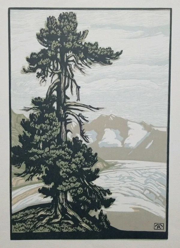 Marie Rollé (1865-1942)  Kleurenhoutsnede 'Den bij Gletscher' ~1927