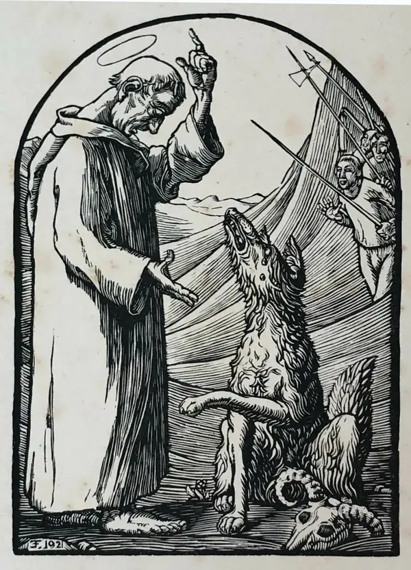 Erich Feyerabend (1889-1945)  Houtsnede 'Sint Fransiscus en de wolf Gubbio' 1921