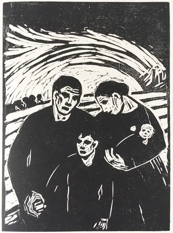 Tony Hallbauer (Germany 1895-±1976)  Houtsnede 'Vluchtelingen' ~1920