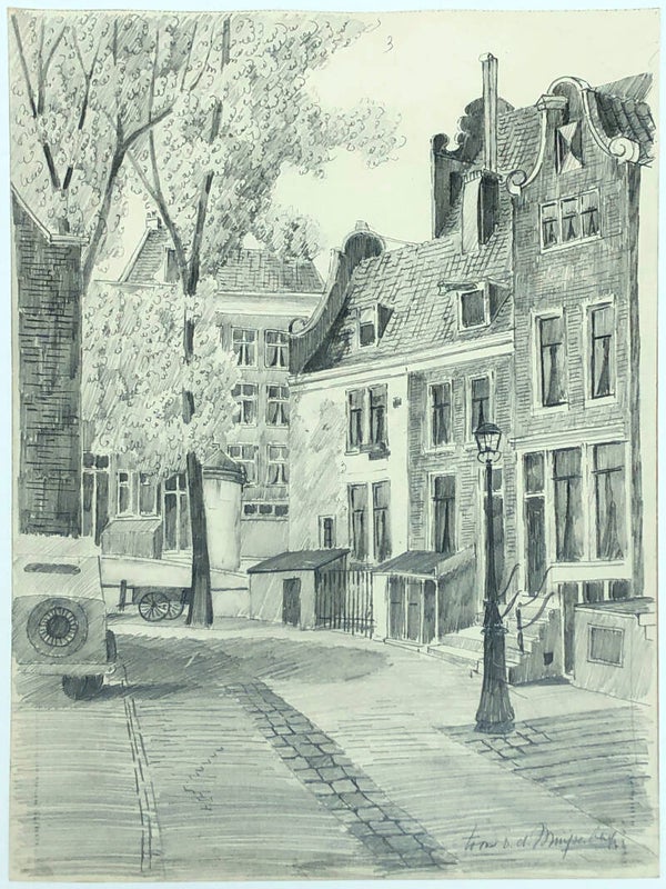 Toon van de Muijsenberg (1901-1967)  Potloodtekening 'Korte Dijkstraat Amsterdam' ca. 1950  Gesigneerd met potlood