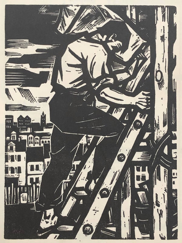 Willi Geissler (1895–1977)  Houtsnede 'Morteldrager op de steiger' ~1928