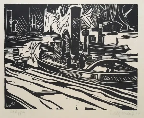 Willy Menz (Germany 1890-1969)  Houtsnede 'Schlepper' 1928  Gesigneerd met potlood