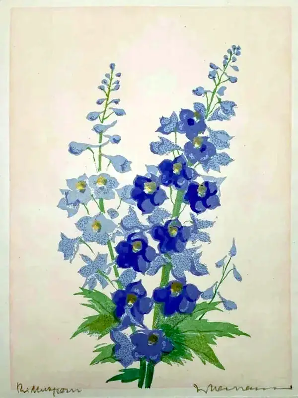 W. Neumann (Germany? XX-XX)  Kleurenhoutsnede 'Ridderspoor' ~1925