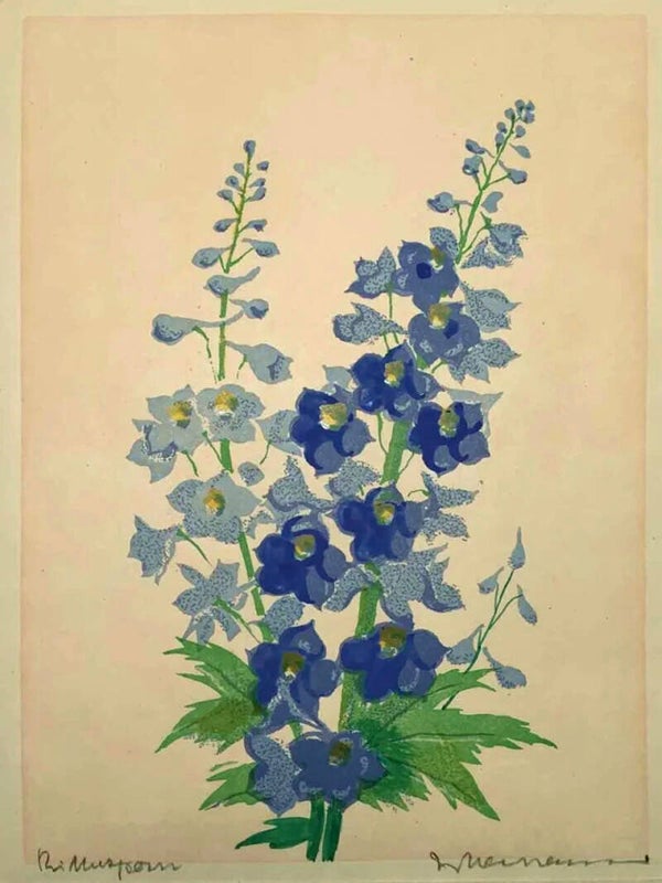 W. Neumann (Germany? XX-XX)  Kleurenhoutsnede 'Ridderspoor' ~1925