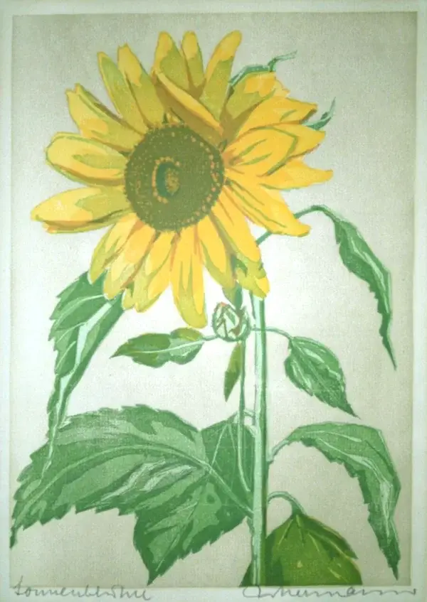 W. Neumann (of Thea Gütmann-Voigt?) (Germany? XX-XX)  Kleurenhoutsnede 'Zonnebloem' ~1925  Gesigneerd met potlood