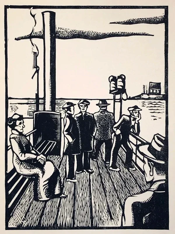 Willem Oepts (1904-1988)  Houtsnede 'Mensen op de veerpont' 1927