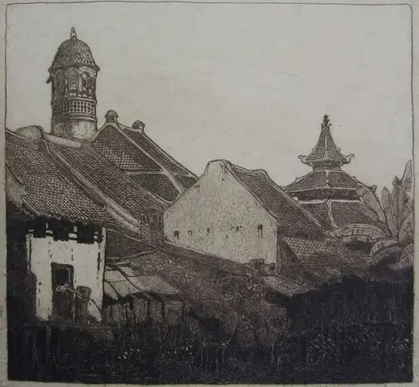 W.O.J.Nieuwenkamp (1874-1950)  Ets 'Aribische wijk in Semarang' 1915