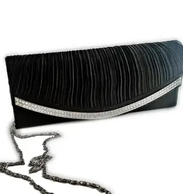 Pochette du soir femme noire , soirée, mariage, rigide avec Strass et plissé JOA