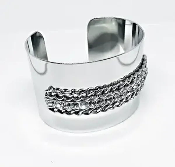 Bracelet manchette Large chaine et strass - Coloris argent pour Femme  - SOHAN