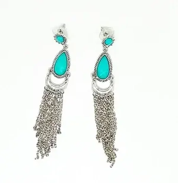 Boucles d'oreilles pendantes Style amérindien ethnique coloris Turquoise  pierre et pampilles chainettes métal argent pour femme NOA