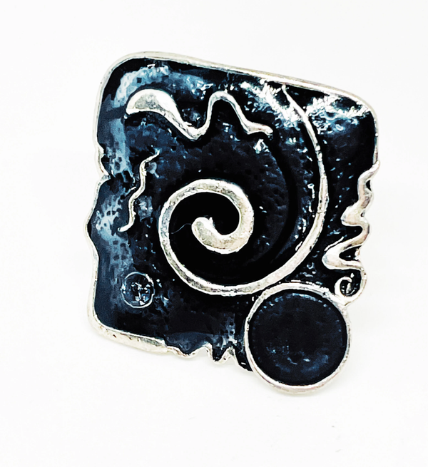 Bague  Ethnique Gothique carrée métal argent vieilli Bleu nuit céramique Steampunk pour Femme Taille unique ANGELINE