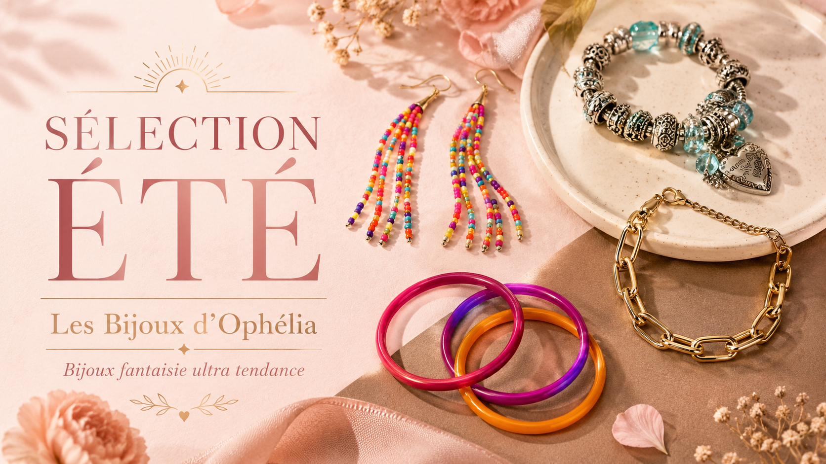 Visuel sélection été Les Bijoux d’Ophélia avec bijoux fantaisie colorés, bracelets, boucles d’oreilles