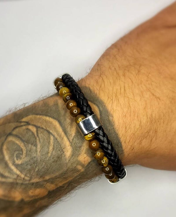 Heren armband dubbel vlecht en kralen - bruin