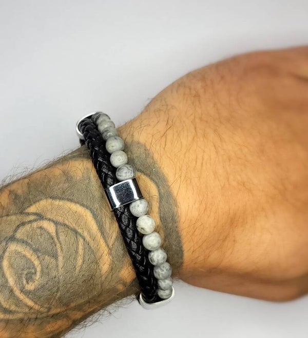 Heren armband dubbel vlecht en kralen - grijs