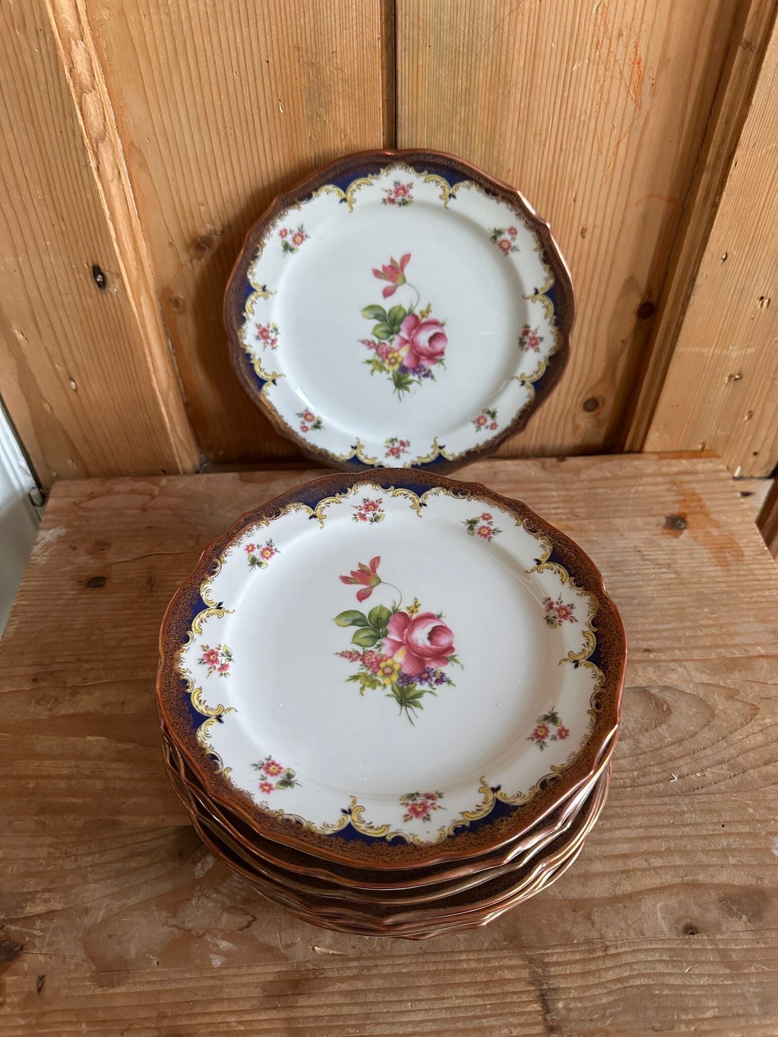 Vintage Winterling Röslau Bavaria ontbijtborden set van 8 kobaltblauw goud porselein  rozen decor Duits vintage servies