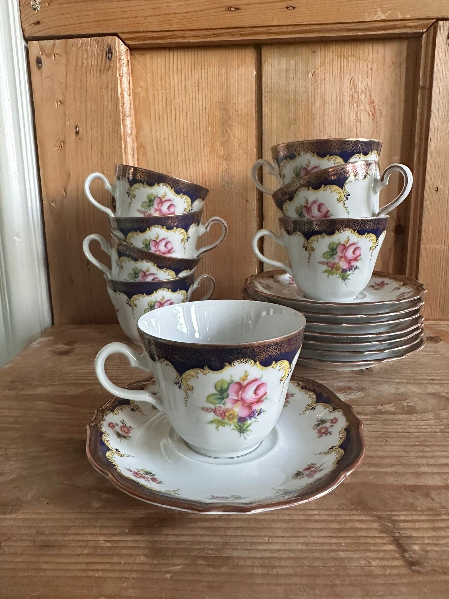 Vintage Winterling Röslau Bavaria Theeset – Moss Rose & Kobaltblauw met Goud  8 Cups en Saucers  1960s Porselein