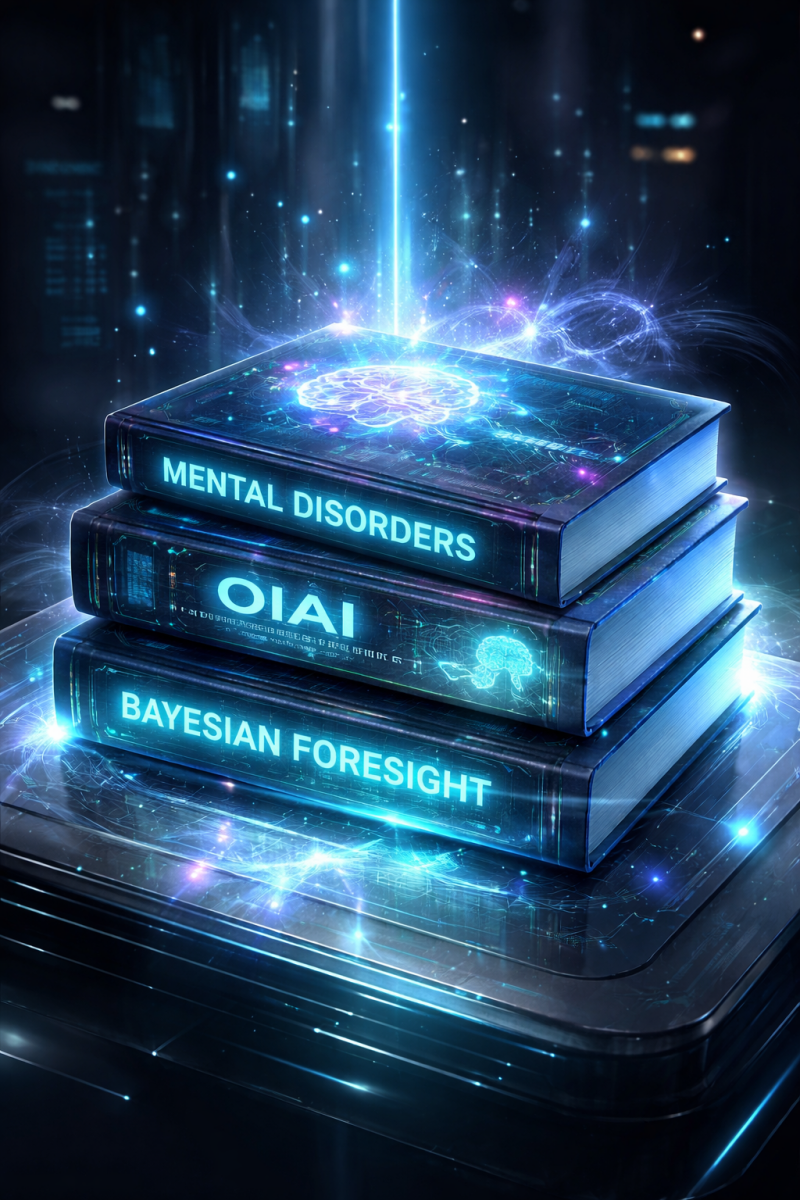 Glowing holographic books titled Mental Disorders, OIAI, and Bayesian Foresight symbolizing AI and mental health awareness in Neuroniach