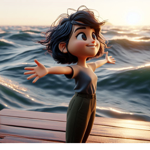 Ein Mädchen steht in einer starken Brandung und ist zufrieden und glücklich. Es wirkt, als ob sie die Welt umarmt.