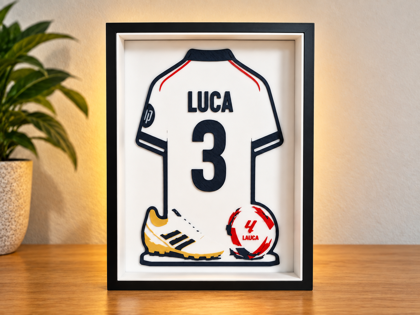 3D Galerijdisplay Voetbalshirt – Gepersonaliseerd met Naam, Rugnummer & Club