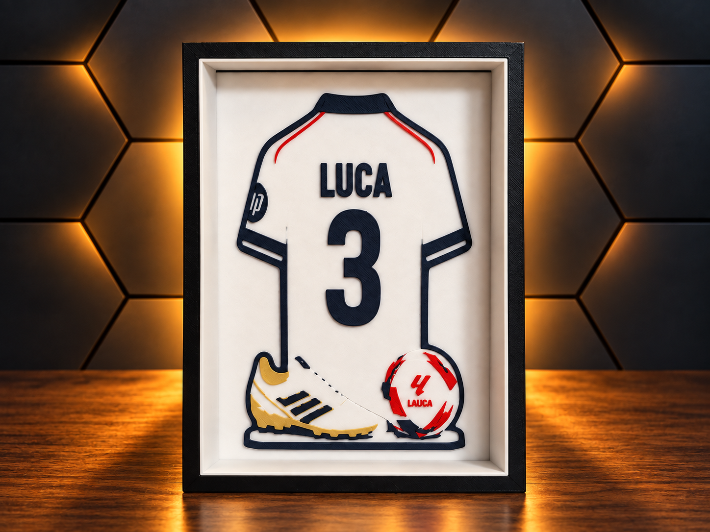 3D Galerijdisplay Voetbalshirt – Gepersonaliseerd met Naam, Rugnummer & Club