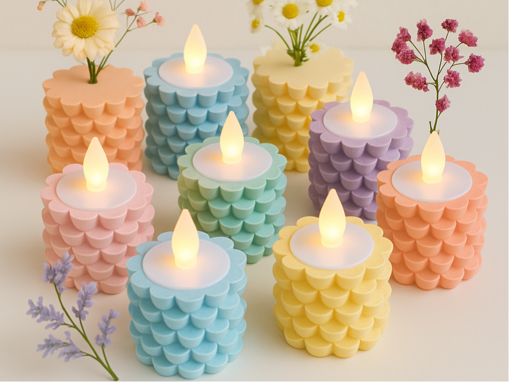 “Uniek gekleurde 3D-geprinte theelichthouders met modern design en decoratieve textuur.”