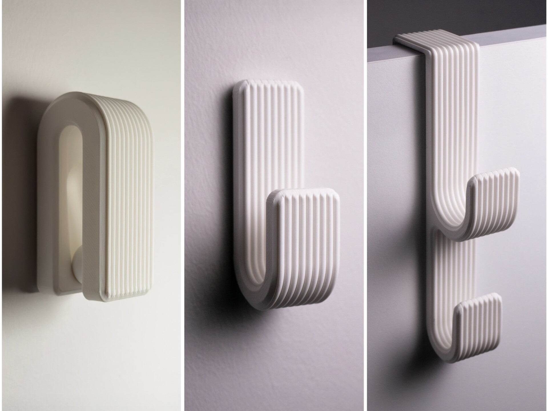 3D-geprinte haakjes die over een kastdeur worden bevestigd.