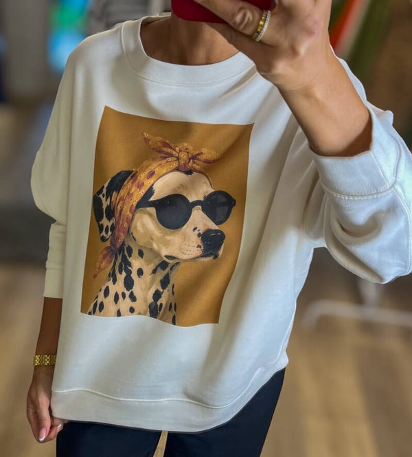 BE FAMOUS Oversize Sweatshirt mit Dalmatiner-Print – Cremeweiß