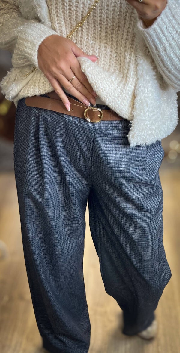 Weite Schlupfhose mit Karomuster – Blau/Anthrazit  Made in Italy