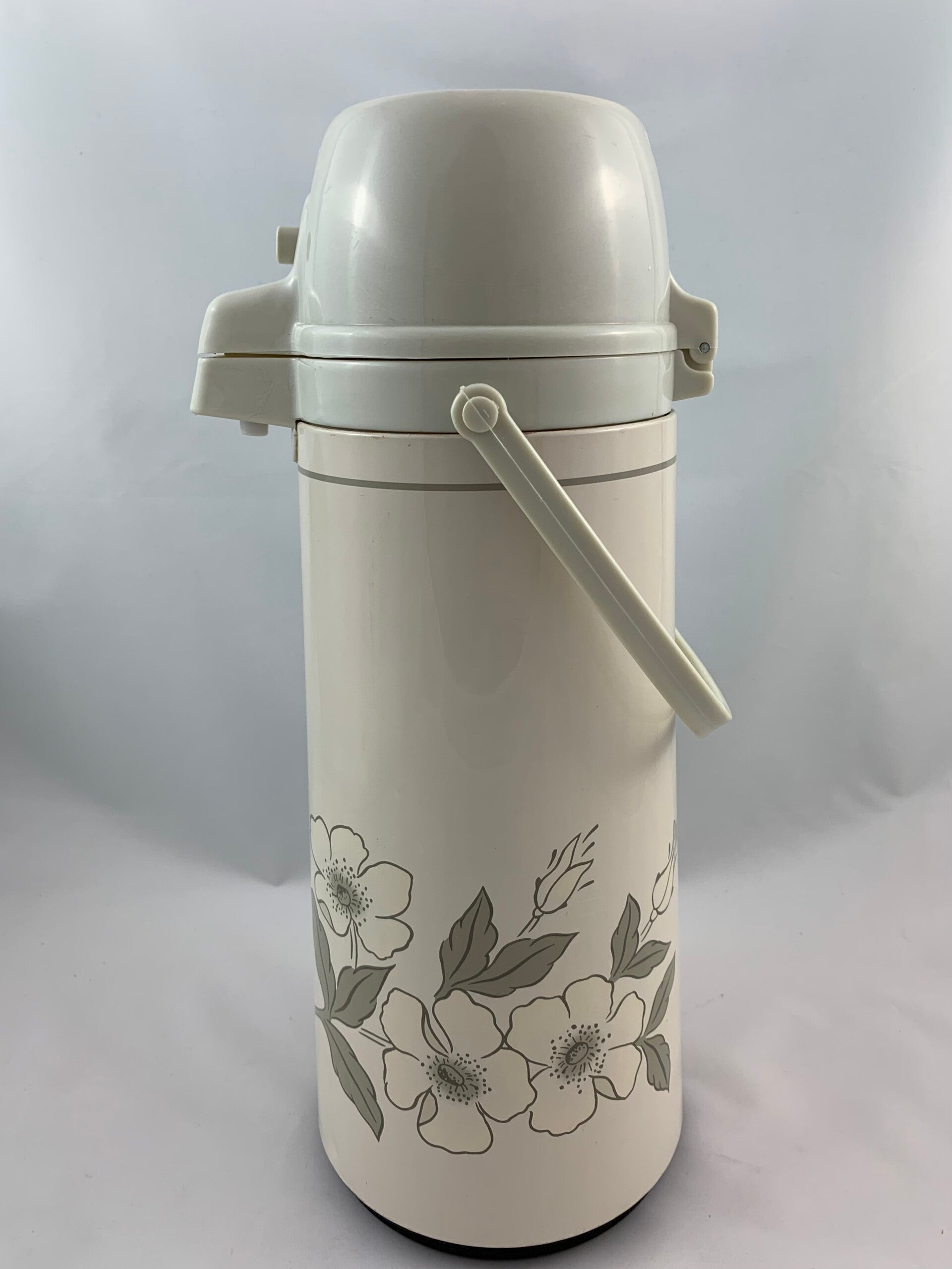 Pomp koffie thermoskan, grijs met wit gebloemd, jaren '70