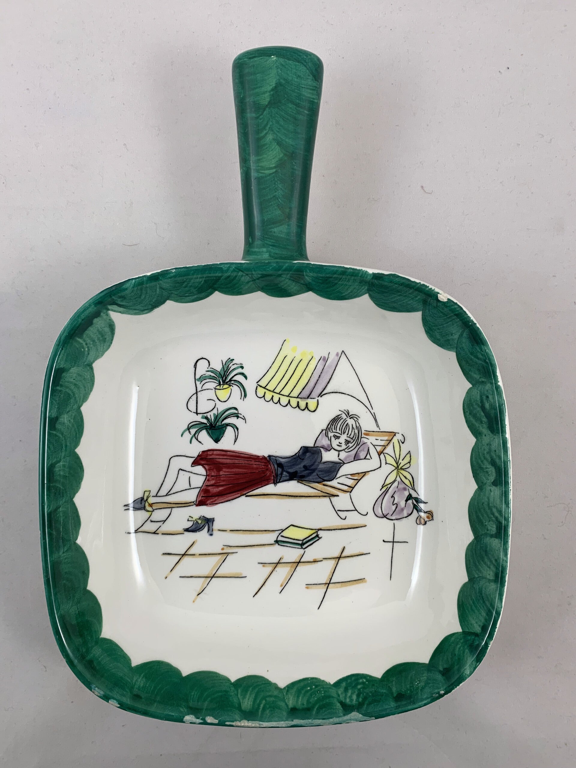 Keramische ovenschaal met handvat, Frankrijk, zomer tafereel, handbeschilderd, jaren '50