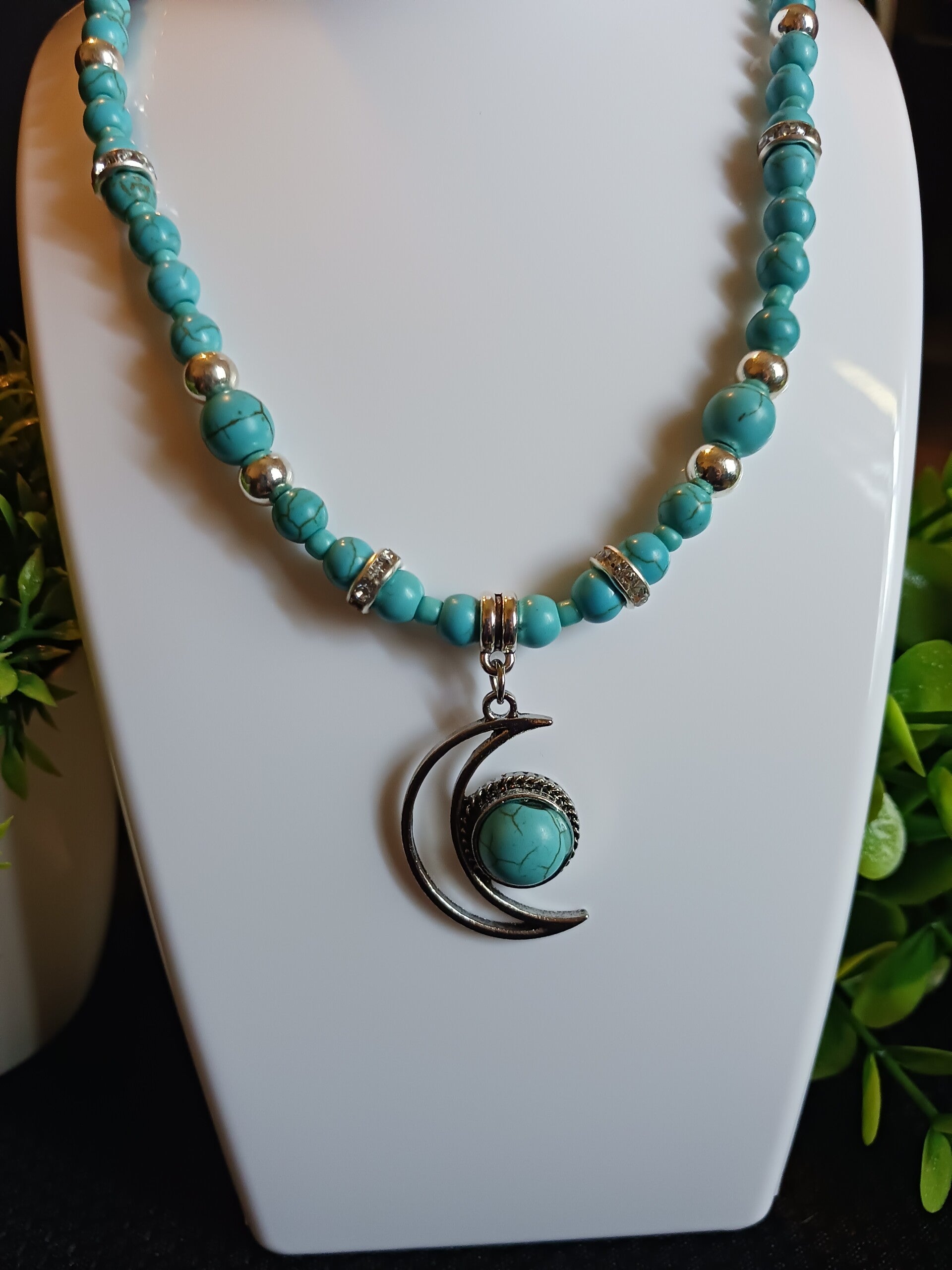 Turquoise Beaded Necklace with Moon Pendant