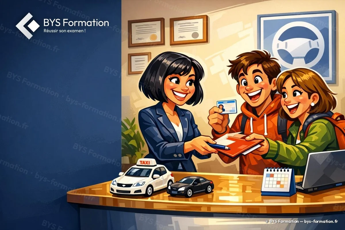 Illustration BYS Formation : à l'accueil du centre, une conseillère remet le dossier d'inscription à deux futurs stagiaires — inscription aux formations VTC et taxi au Mesnil-en-Thelle (60)