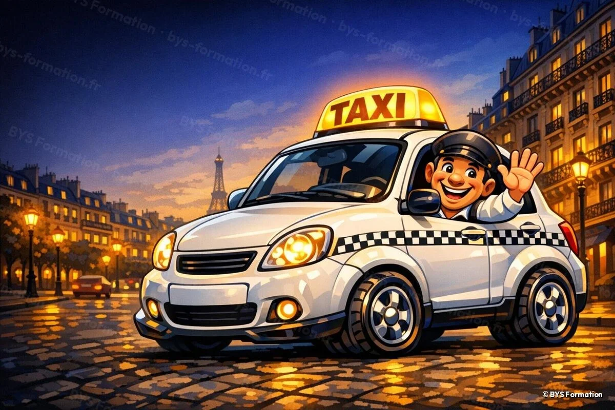 Illustration BYS Formation : chauffeur de taxi souriant dans un taxi parisien au lumineux allumé — formation taxi au Mesnil-en-Thelle (Oise, 60)