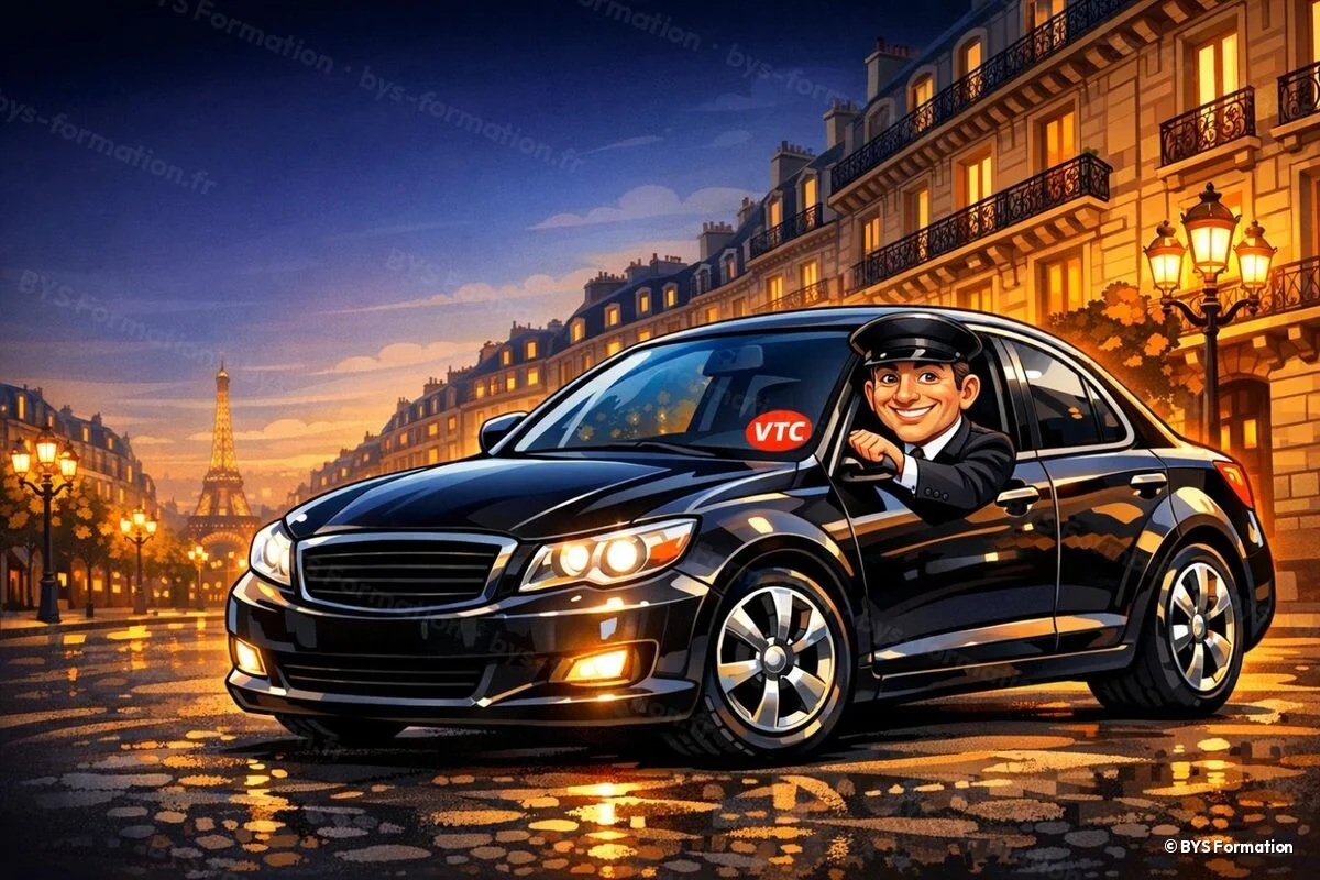 Illustration BYS Formation : chauffeur VTC souriant au volant d'une berline noire avec le macaron VTC, dans Paris — formation VTC à Osny (Val-d'Oise, 95)