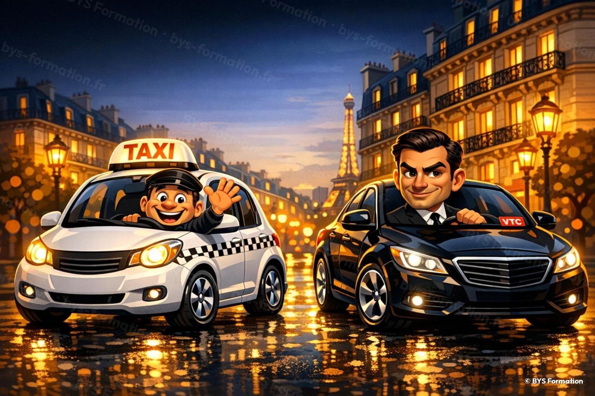 Illustration BYS Formation : un taxi et un VTC dans Paris — formations chauffeur taxi et VTC à Osny (95) et dans l'Oise (60)
