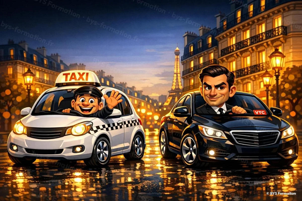 Illustration BYS Formation : un taxi et un VTC dans Paris — formations chauffeur taxi et VTC à Osny (95) et dans l'Oise (60)