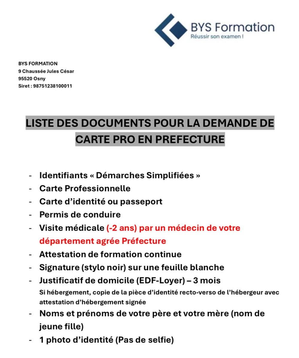 Liste des pièces à fournir pour la demande de carte professionnelle VTC en préfecture