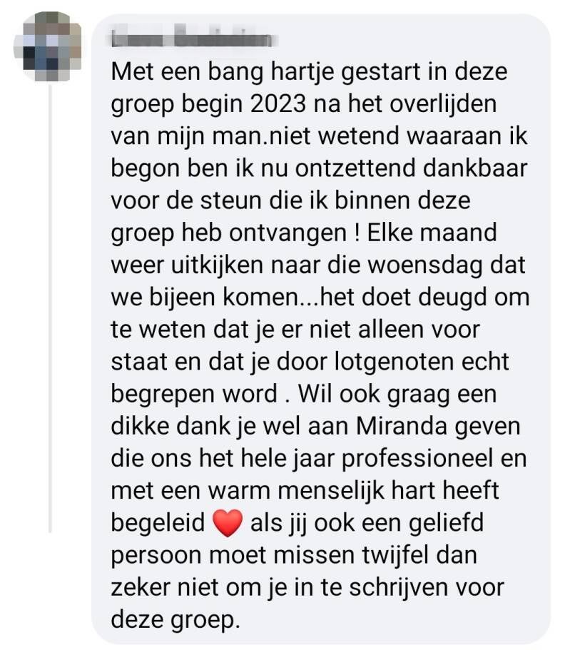 Review over hoe de lotgenotengroep haar geholpen heeft met haar verdriet