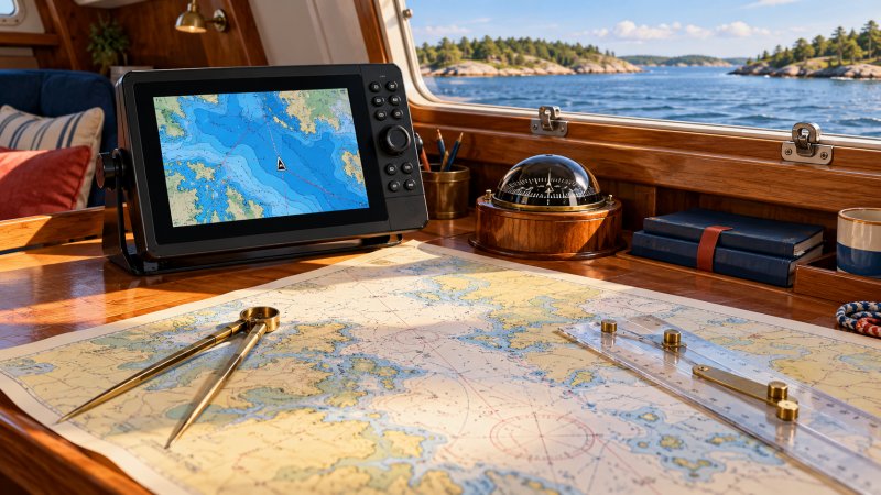 Illustration af elektronisk og traditionel navigation med kortplotter, papirsøkort, passer, kurslineal og kompas
