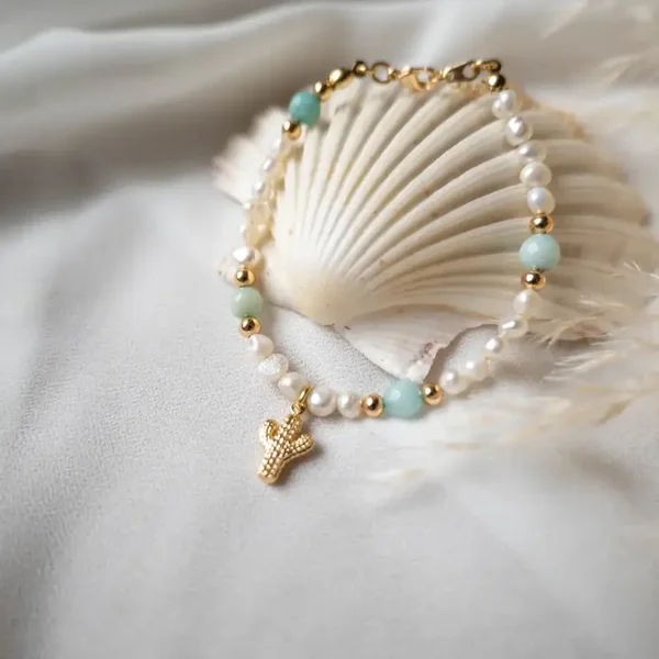 Armband Aquamarijn, cactus en parels