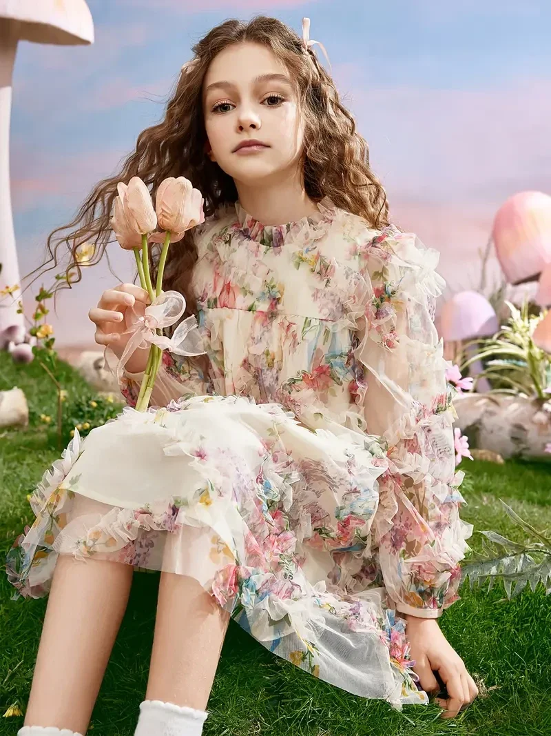 ASK JUNIOR Mädchen-Print-Mesh-Kleid