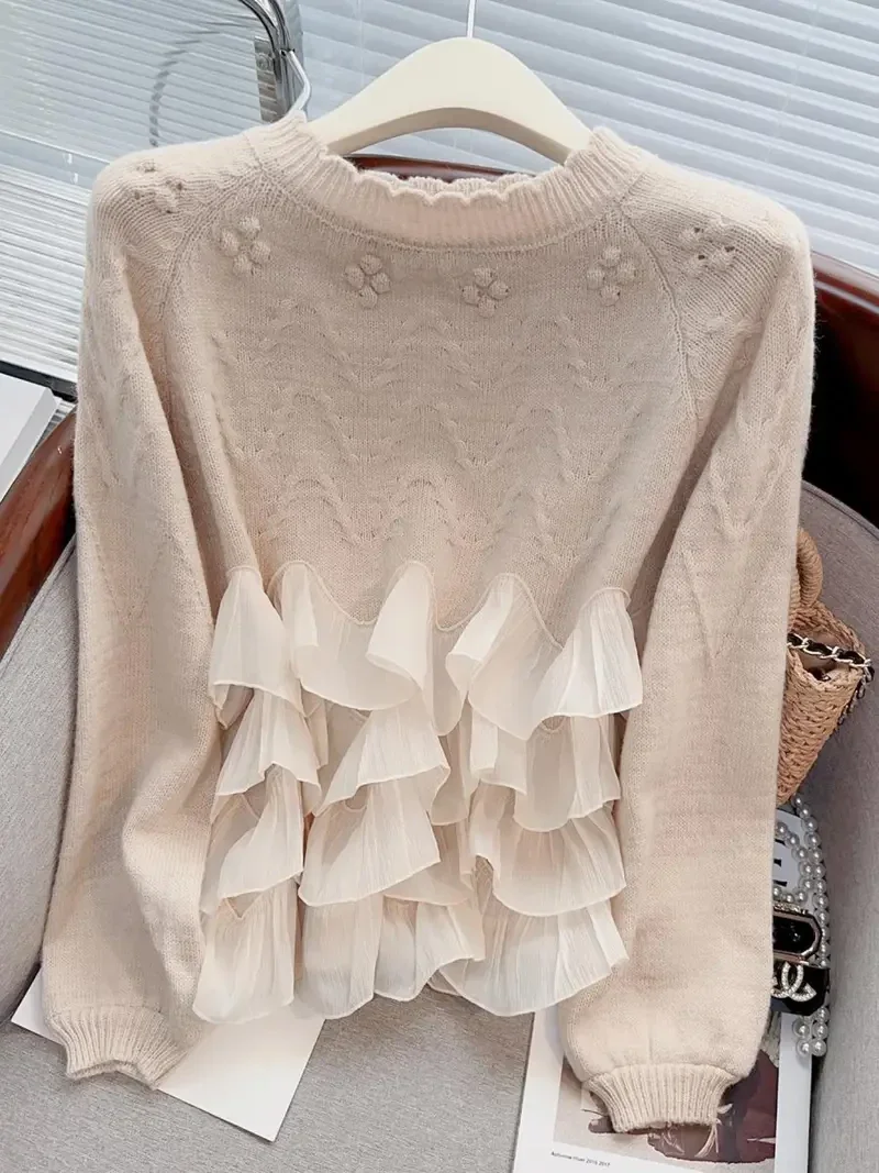 Damen Pullover mit Rüschenärmeln im französischen Stil - Kuscheliger