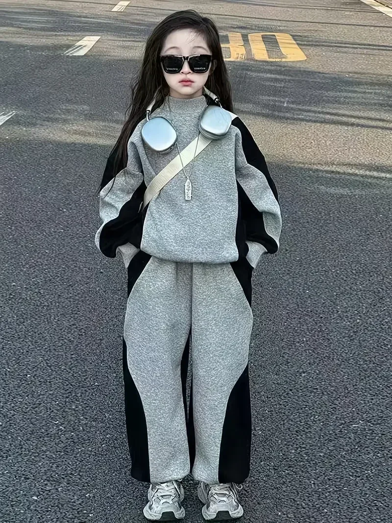 Mädchen 2-teiliges Set: Langarm-Oberteil & Hose - Stilvolles Farbblock-Desig