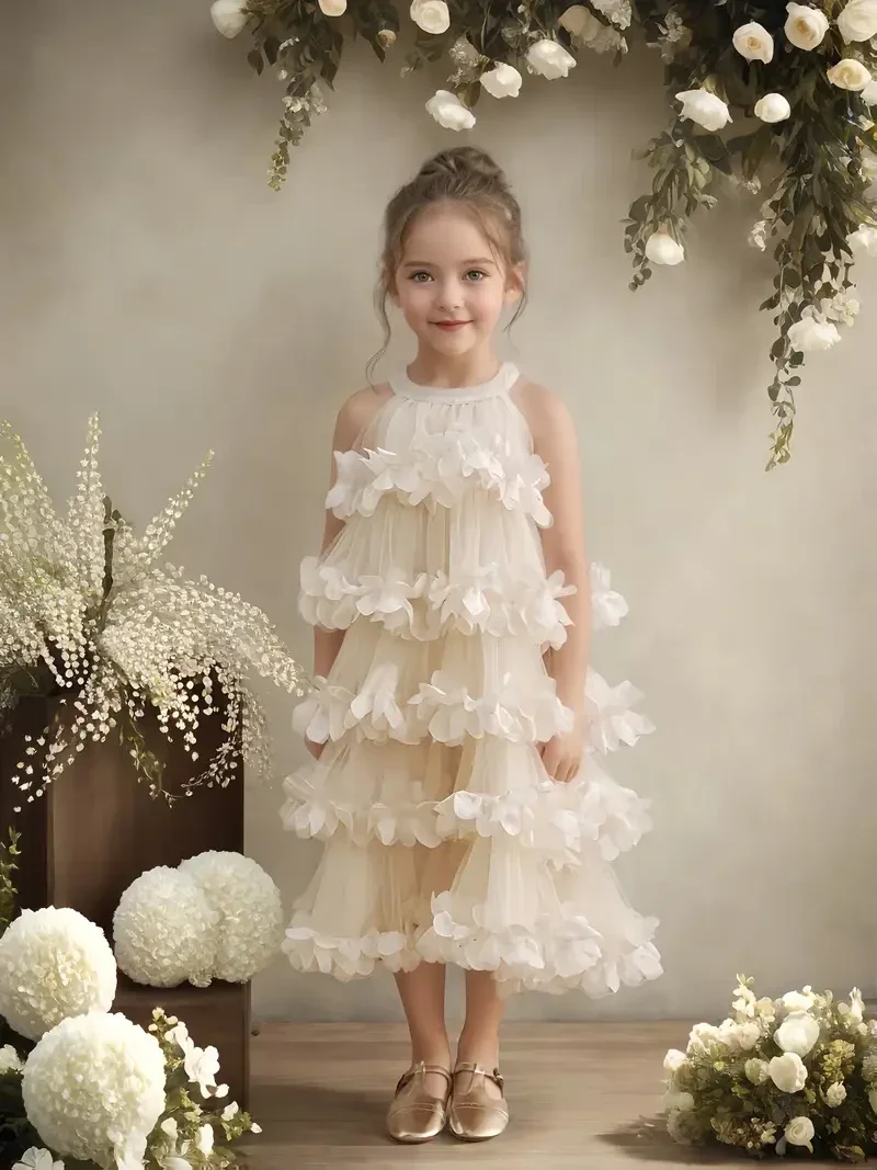 Stilvolles Champagnerfarbenes Blumen-Tierkleid mit Puffärmeln