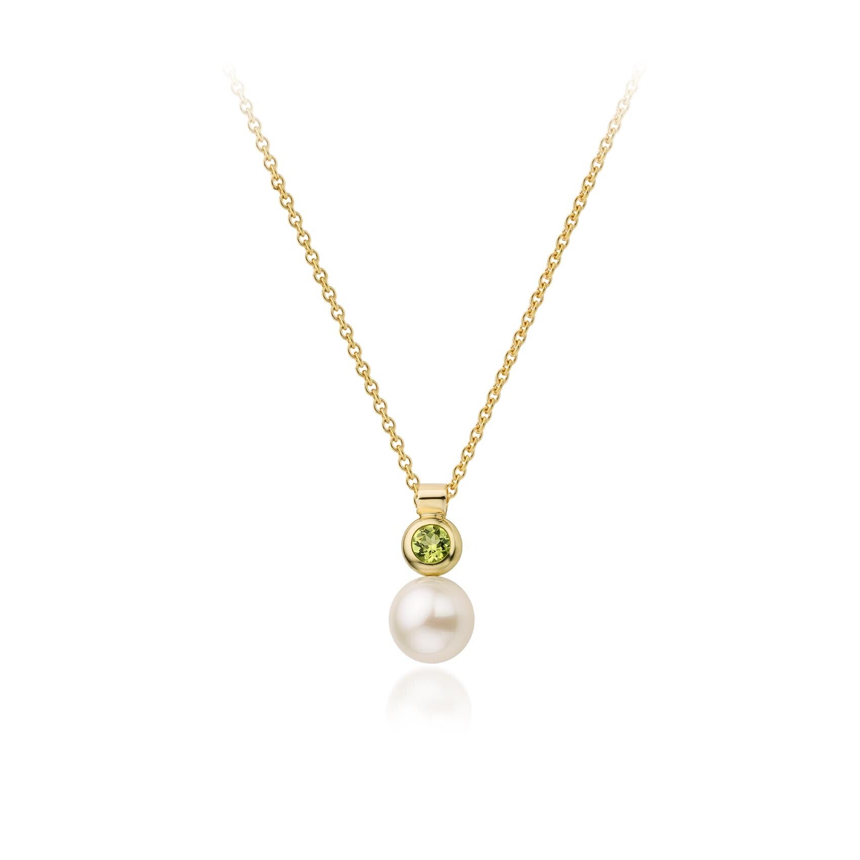 Geelgouden hanger met een peridoot en een witte zoetwater parel exclusief collier