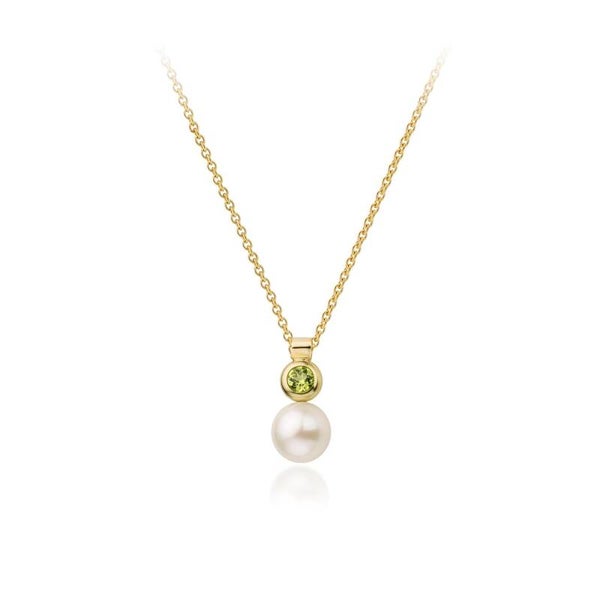 Geelgouden hanger met een peridoot en een witte zoetwater parel exclusief collier