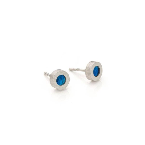 Zilveren oorknoppen met een blauw titanium element