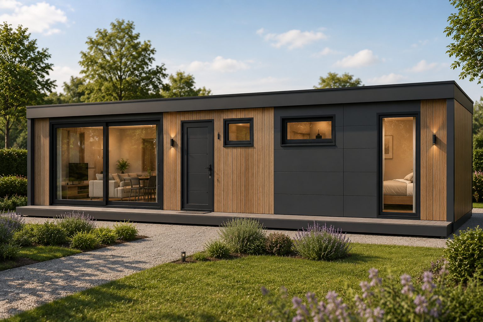 Chalet in tuin waar een medewerker wekzaamheden uitvoert.