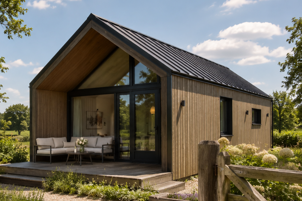 Landelijk ontworpen chalet met houten afwerking en natuurlijke uitstraling