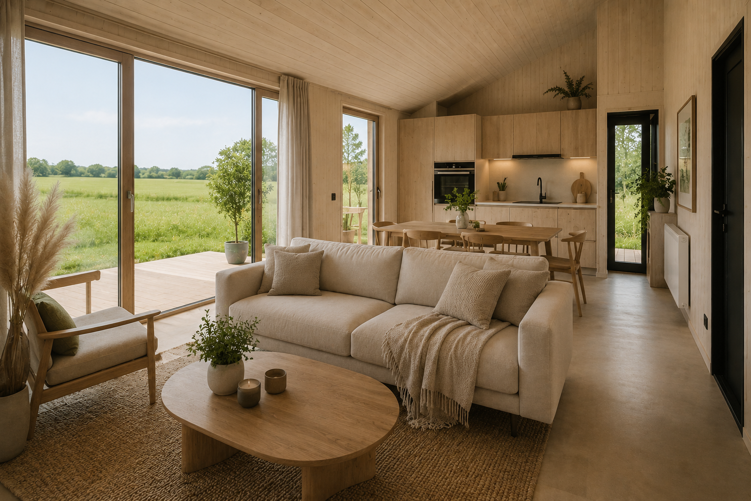 Gezellige, warme woonkamer met houten afwerking